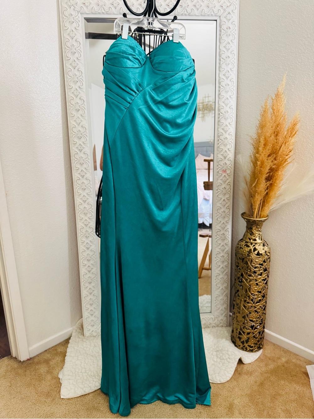 Strapless Teal Satin Ruched Maxi Skirt Dress